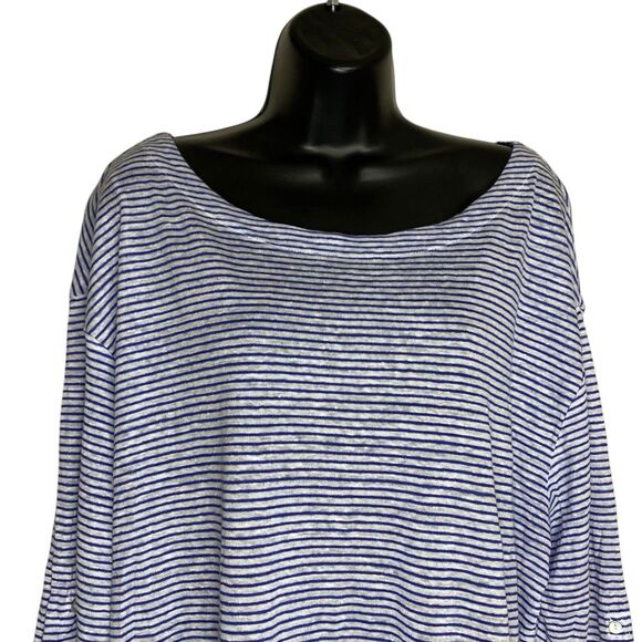 NWT Adrienne Vittadini Linen Top Womens 2X Roll Tab 3/4 Sleeve Striped Coastal - Picture 6 of 16